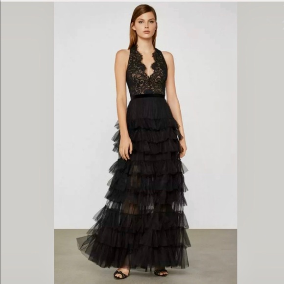 BCBG MAXAZRIA Ruffle Black Lace Tulle Evening Gown - Picture 4 of 8